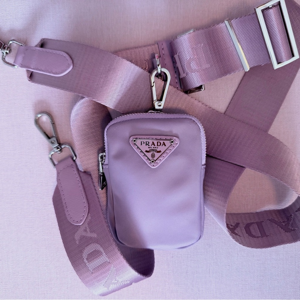 Prada Re-Edition LILAC Nylon Lavender Purple Crossbody Strap Zip Pouch Bag Charm